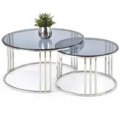 Garnero Arredamenti Set Tavolini|Set Tavolini-Set 2 tavolini da salotto rotondi vetro fumé acciaio cromato Love