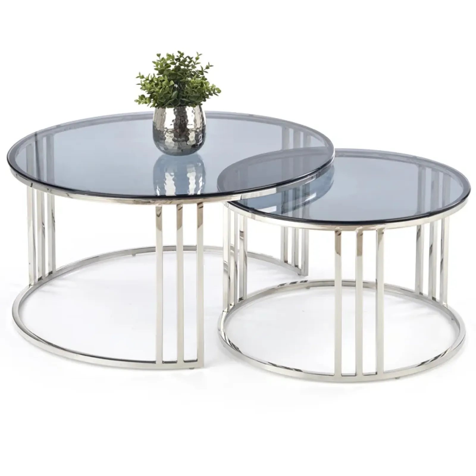 Garnero Arredamenti Set Tavolini|Set Tavolini-Set 2 tavolini da salotto rotondi vetro fumé acciaio cromato Love