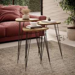 Garnero Arredamenti Set Tavolini|Set Tavolini-Set 3 tavolini da salotto industrial rovere metallo Agnes