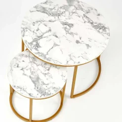 Garnero Arredamenti Set Tavolini|Set Tavolini-Set 2 tavolini rotondi da salotto effetto marmo bianco oro Lepi