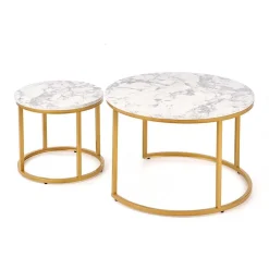 Garnero Arredamenti Set Tavolini|Set Tavolini-Set 2 tavolini rotondi da salotto effetto marmo bianco oro Lepi