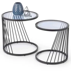 Garnero Arredamenti Set Tavolini|Set Tavolini-Set 2 tavolini 40x30cm da salotto rotondi vetro fumè acciaio nero Foglia