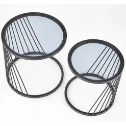 Garnero Arredamenti Set Tavolini|Set Tavolini-Set 2 tavolini 40x30cm da salotto rotondi vetro fumè acciaio nero Foglia
