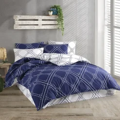 Garnero Arredamenti Copripiumini|Copripiumini-Set copripiumino matrimoniale e federe a quadri 220x240cm bianco blu Rosalin