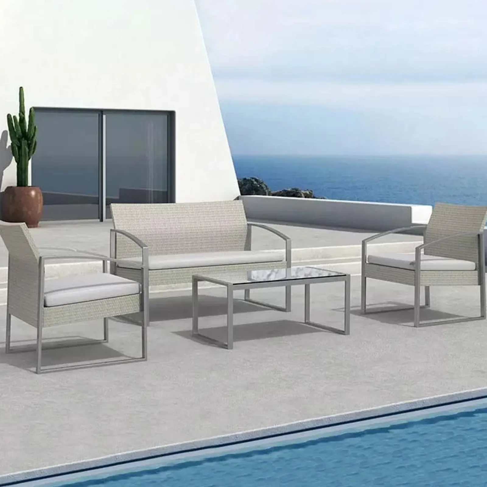 Garnero Arredamenti Salotto Da Giardino-Set giardino 2 poltrone, divano e tavolino in rattan Luca Bianco