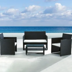 Garnero Arredamenti Salotto Da Giardino-Set giardino 2 poltrone, divano e tavolino in rattan Mara Nero