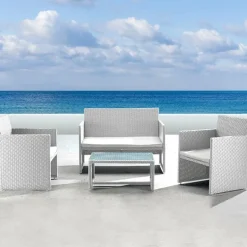 Garnero Arredamenti Salotto Da Giardino-Set giardino 2 poltrone, divano e tavolino in rattan Mara Bianco