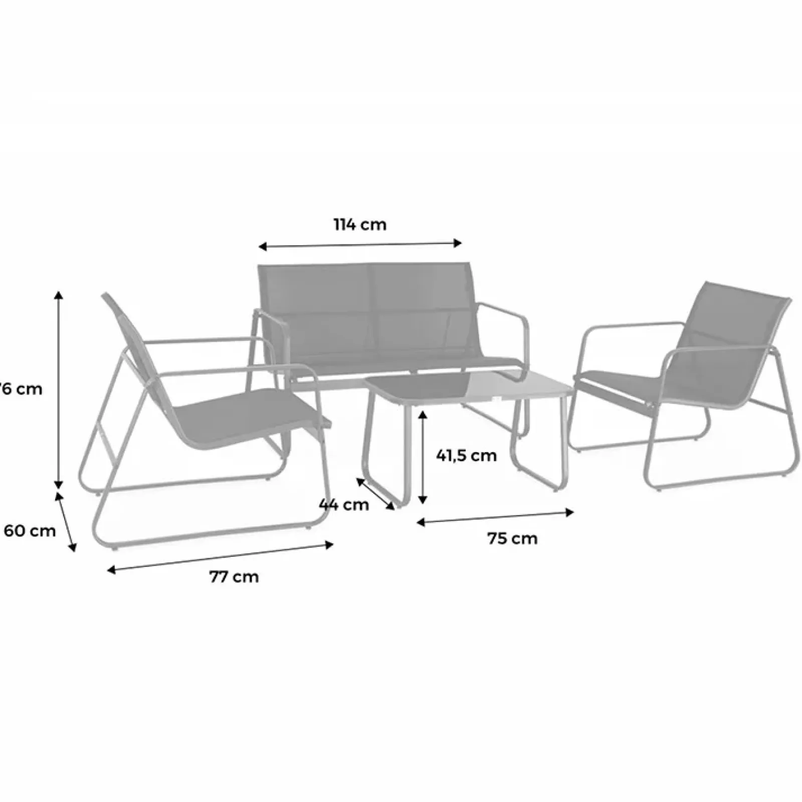 Garnero Arredamenti Salotto Da Giardino-Set giardino relax 75x45cm 2 sedie divano e tavolino acciaio grigio Eden