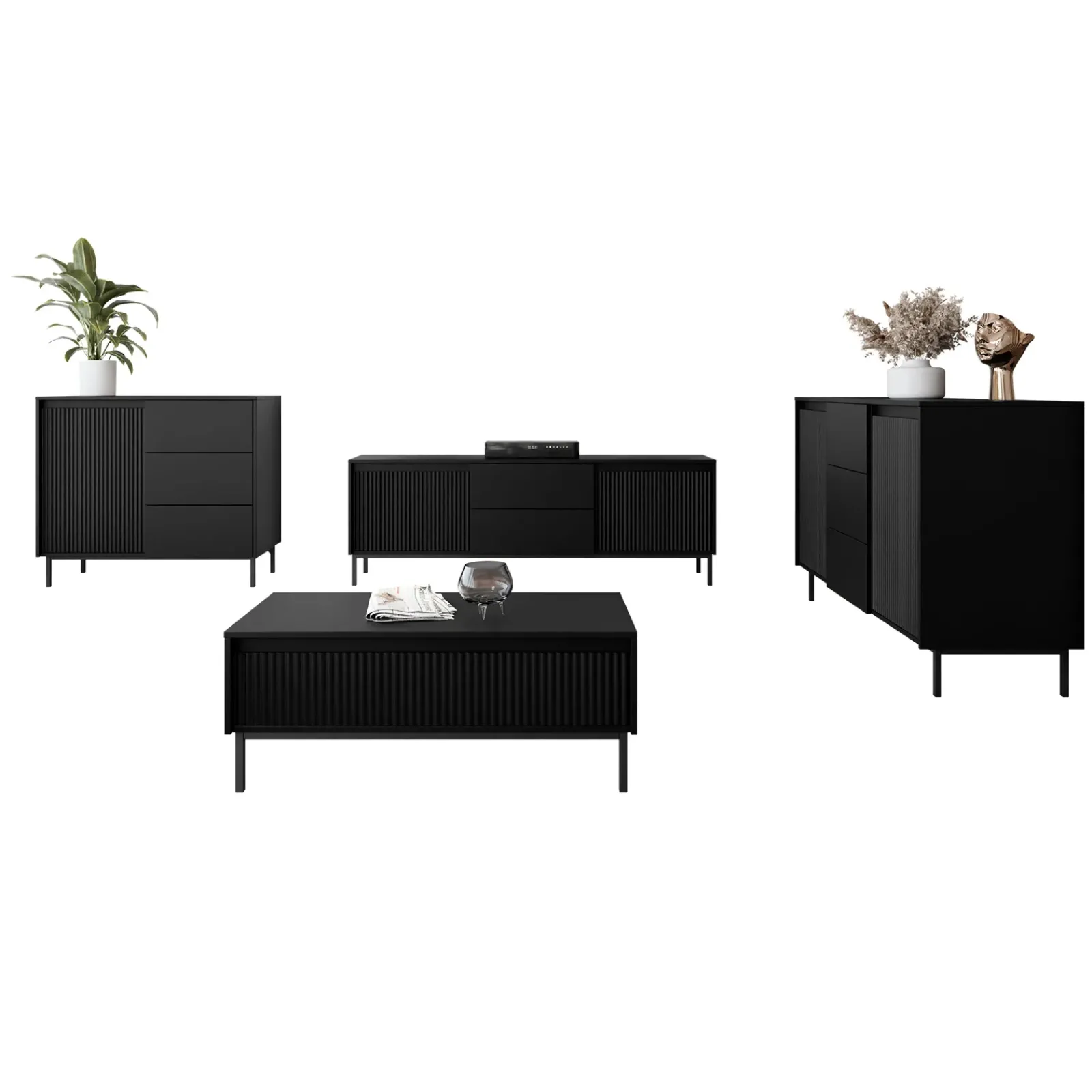 Garnero Arredamenti Set Mobili Soggiorno Completo-Set mobili soggiorno completo design cannettato nero Strike Nero Opaco