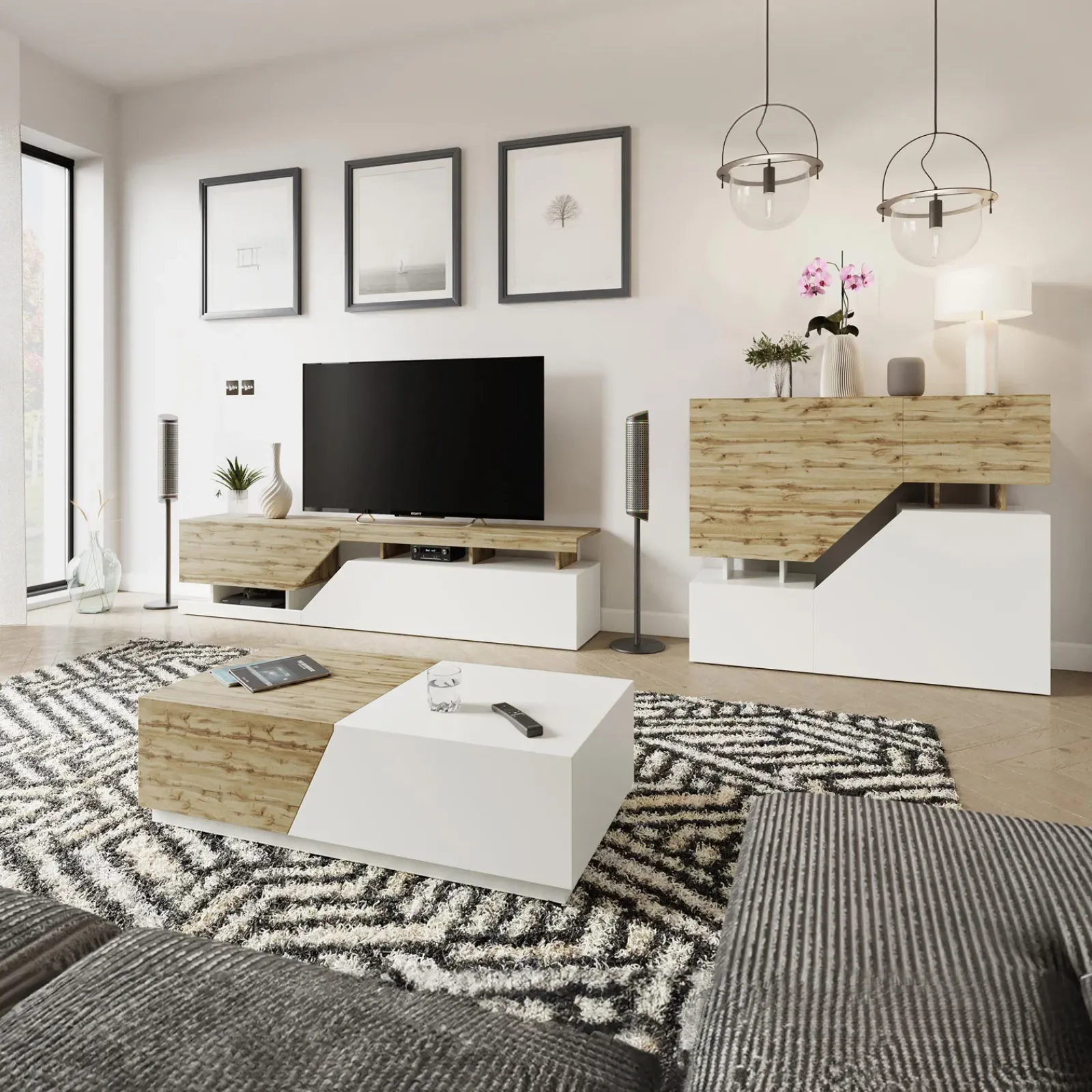 Garnero Arredamenti Set Mobili Soggiorno Completo-Set mobili soggiorno completo rovere bianco Modesta Bianco Opaco - Rovere