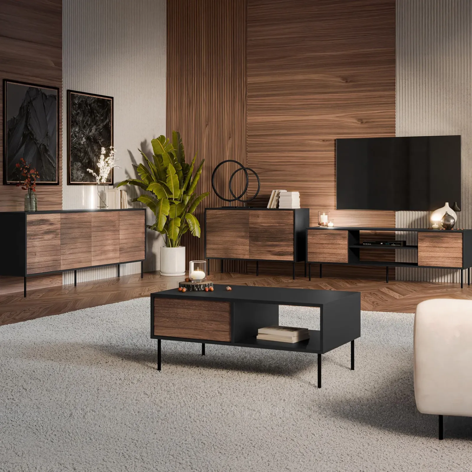 Garnero Arredamenti Set Mobili Soggiorno Completo-Set mobili soggiorno completo moderno noce nero Wild 2 Noce - Nero opaco