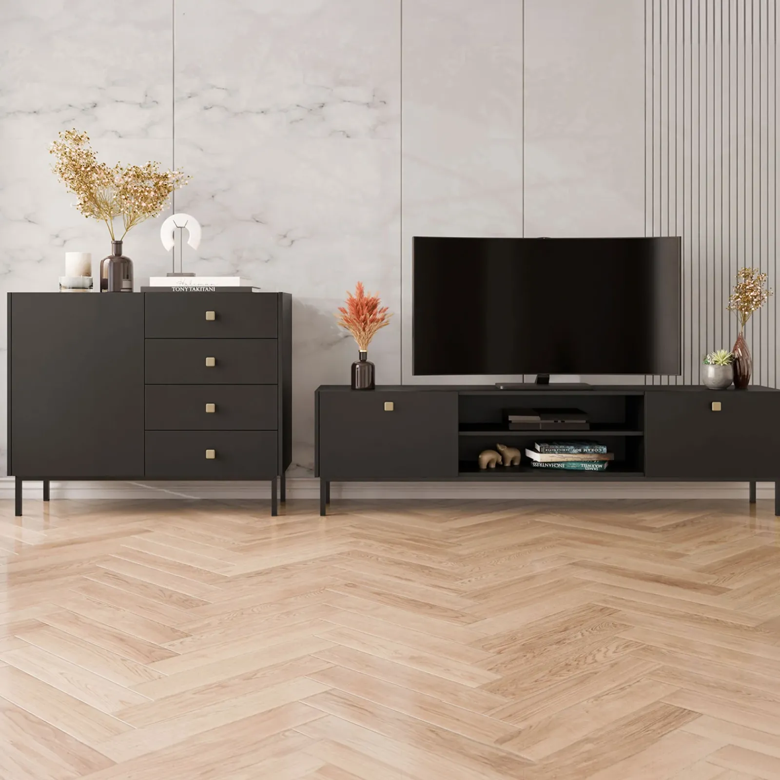 Garnero Arredamenti Set Mobili Soggiorno Completo-Set mobili soggiorno completo con mobile TV e madia Giuggiola Nero Opaco