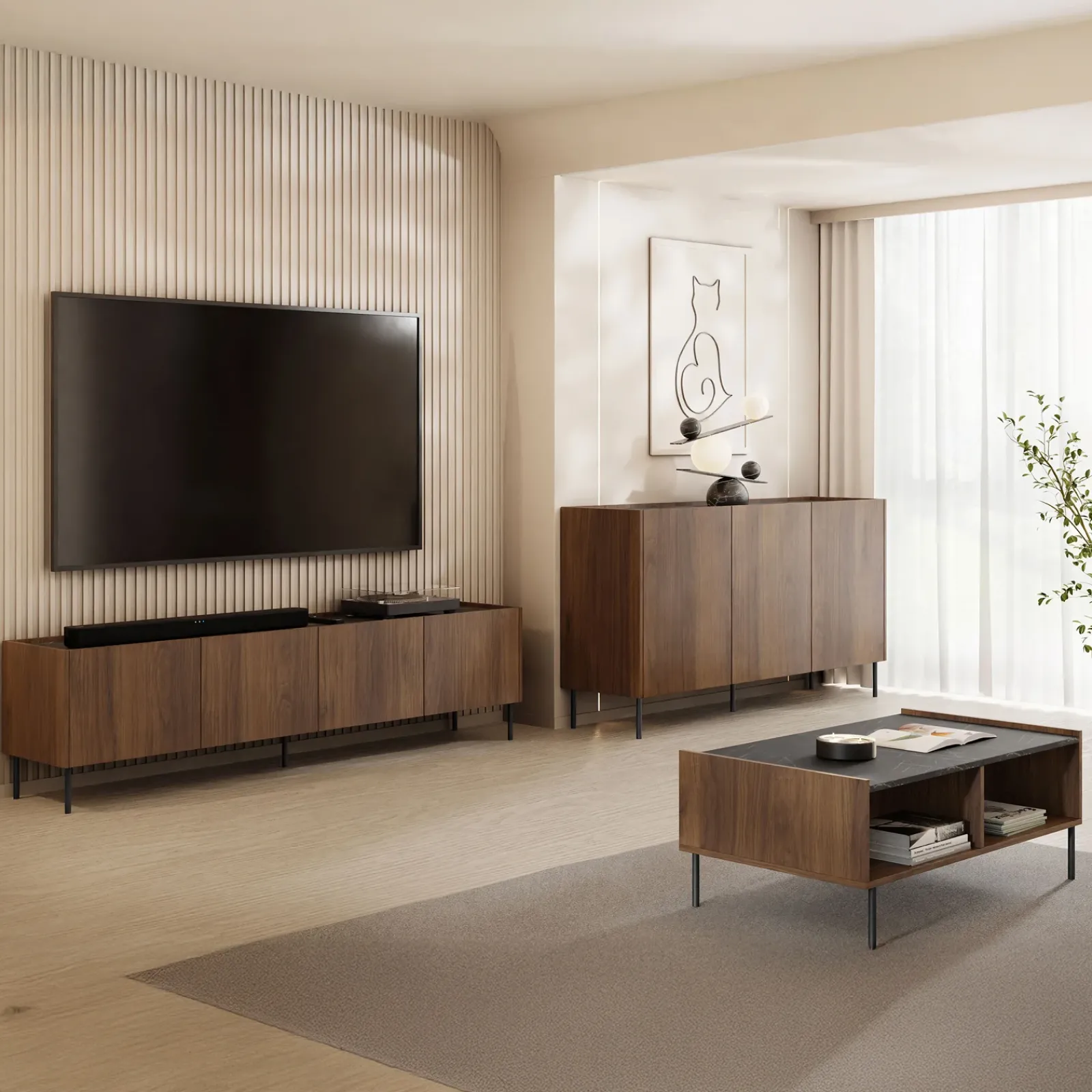 Garnero Arredamenti Set Mobili Soggiorno Completo-Set mobili soggiorno completo ripiano effetto marmo nero noce Caliva