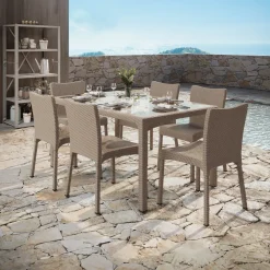 Garnero Arredamenti Set Tavolo E Sedie Da Giardino-Set tavolo da giardino esterno bar dehors rettangolare 150x90cm + 6 sedie effetto rattan Conchiglia Tortora