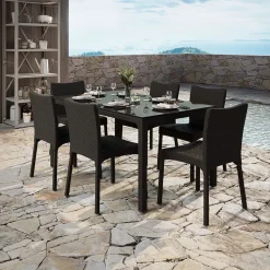 Garnero Arredamenti Set Tavolo E Sedie Da Giardino-Set tavolo da giardino esterno bar dehors rettangolare 150x90cm + 6 sedie effetto rattan Conchiglia Marrone