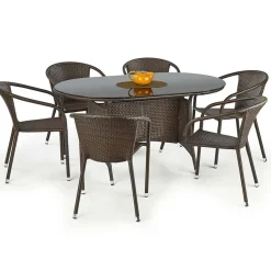Garnero Arredamenti Set Tavolo E Sedie Da Giardino-Set tavolo in vetro 150x90cm + 6 sedie da giardino in rattan marrone acciaio cromato Cubby