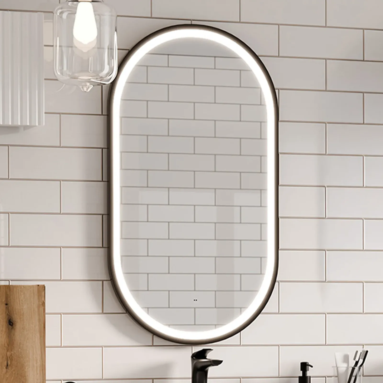 Garnero Arredamenti Specchio Per Bagno|Specchi-Specchio da parete con led 50x90cm Glossy 2 Nero