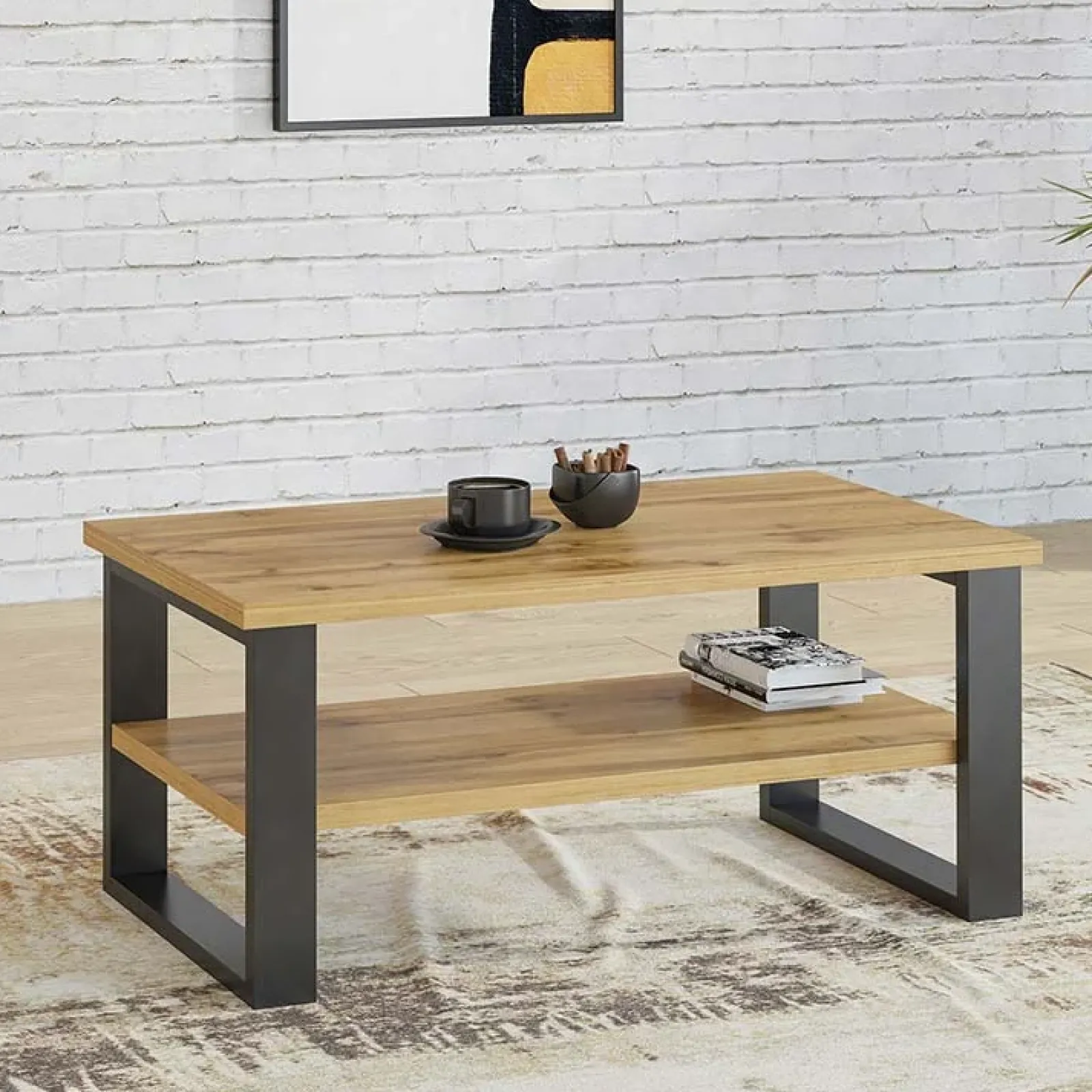 Garnero Arredamenti Tavolini Moderni|Tavolini Moderni-Tavolino da salotto con ripiano 110x60cm quercia metallo nero Petra