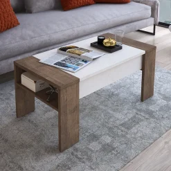 Garnero Arredamenti Tavolini Contenitore|Tavolini Contenitore-Tavolino da salotto contenitore 100x50cm moderno bianco spatolato noce Emmet Gihome® Bianco Opaco - Noce