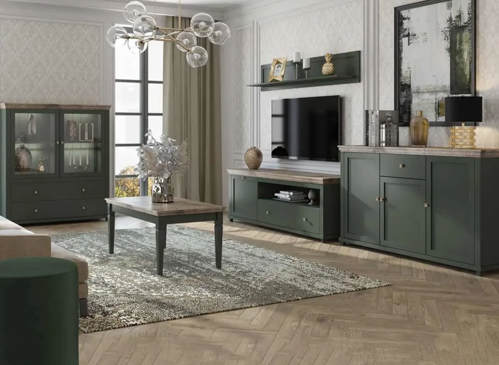 Garnero Arredamenti Tavolini Classici|Tavolini Classici-Tavolino da salotto moderno 110x50cm verde scuro quercia Texel