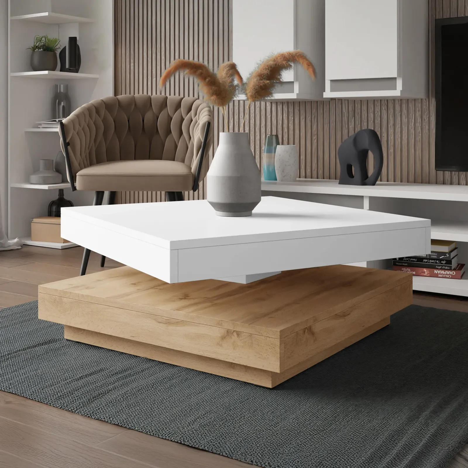 Garnero Arredamenti Tavolini Moderni|Tavolini Moderni-Tavolino da salotto quadrato 70x70cm rotante rovere bianco Rotol Bianco Opaco - Rovere