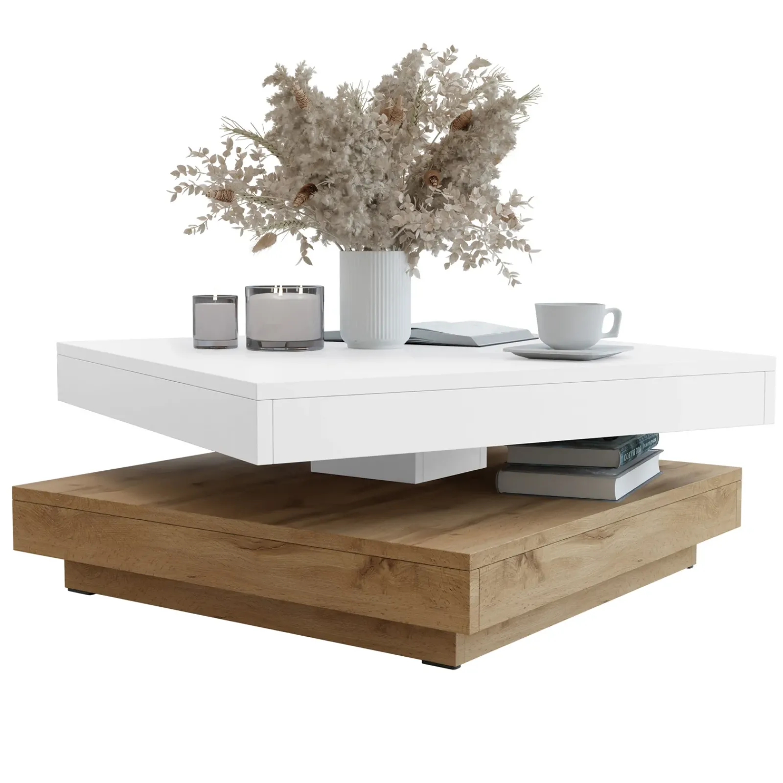 Garnero Arredamenti Tavolini Moderni|Tavolini Moderni-Tavolino da salotto quadrato 70x70cm rotante rovere bianco Rotol Bianco Opaco - Rovere