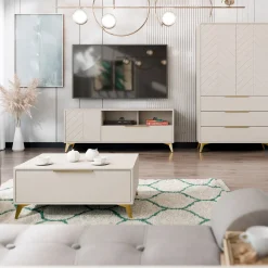 Garnero Arredamenti Tavolini Moderni|Tavolini Moderni-Tavolino da salotto 104x45cm 2 cassetti a frontale unico beige Miriam