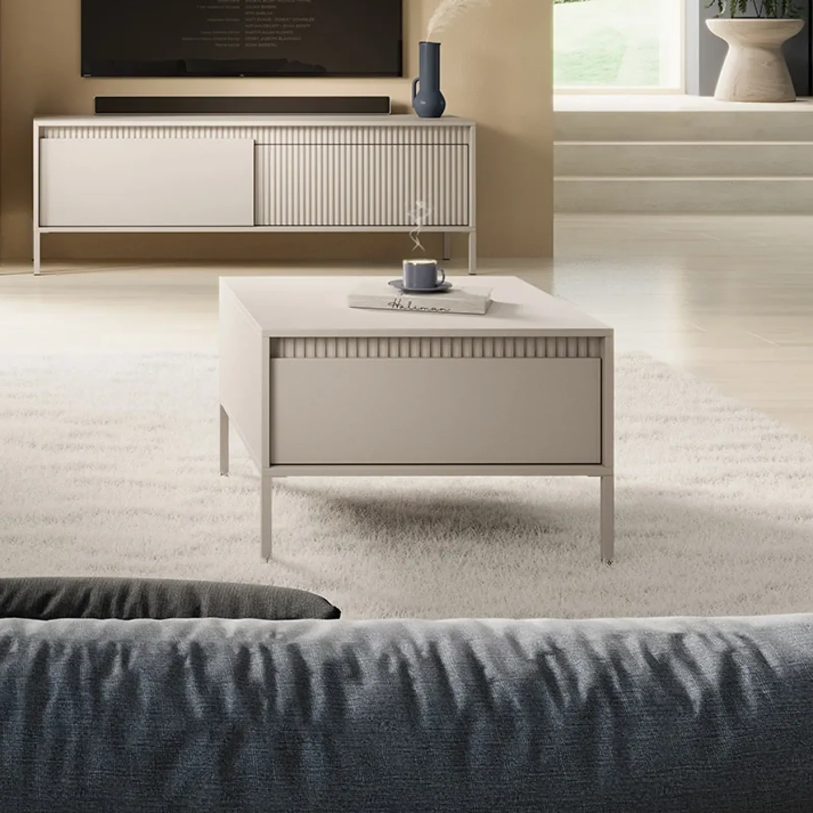 Garnero Arredamenti Tavolini Moderni|Tavolini Moderni-Tavolino da salotto 68x49cm 1 cassetto cannettato Ciar Beige