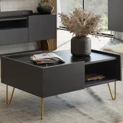 Garnero Arredamenti Tavolini Moderni|Tavolini Moderni-Tavolino da salotto 97x45cm 2 cassetti 1 vano a giorno grafite marmo nero Visby