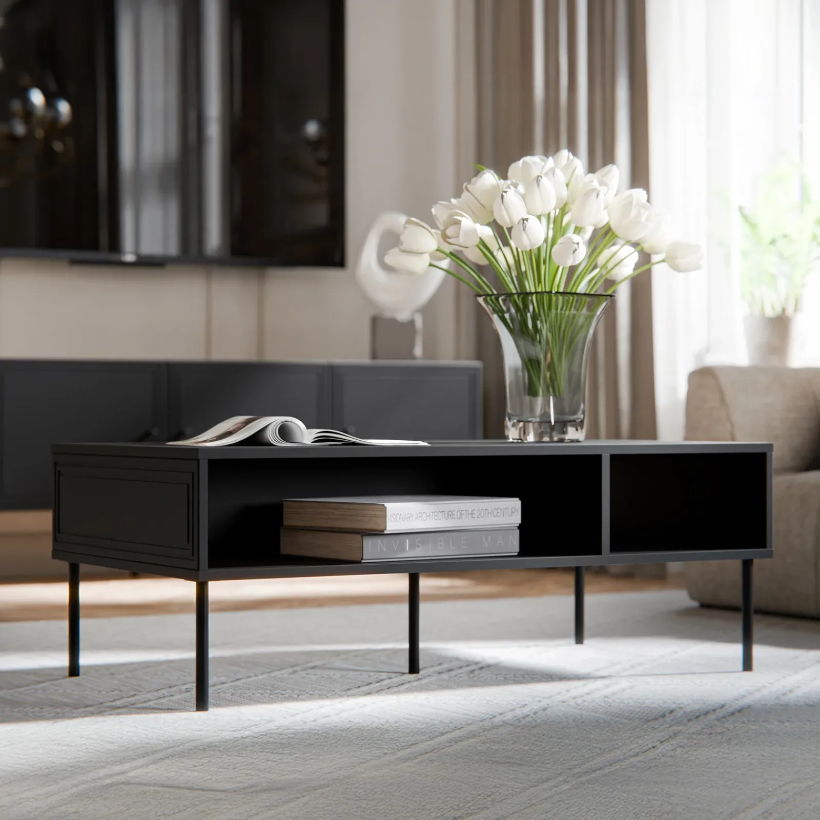 Garnero Arredamenti Tavolini Moderni|Tavolini Moderni-Tavolino da salotto 110x40cm 2 vani Stark Nero Opaco