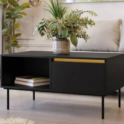 Garnero Arredamenti Tavolini Moderni|Tavolini Moderni-Tavolino da salotto 100x50cm 1 anta nero oro Praga Nero Opaco - Oro