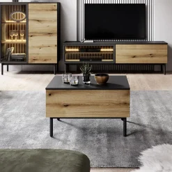 Garnero Arredamenti Tavolini Moderni|Tavolini Moderni-Tavolino da salotto 80x49cm 1 cassetto nero opaco rovere Amel