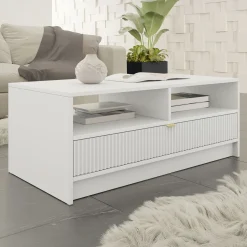 Garnero Arredamenti Tavolini Moderni|Tavolini Moderni-Tavolino da salotto 100x50cm con cassetto cannettato bianco Athena Bianco Opaco