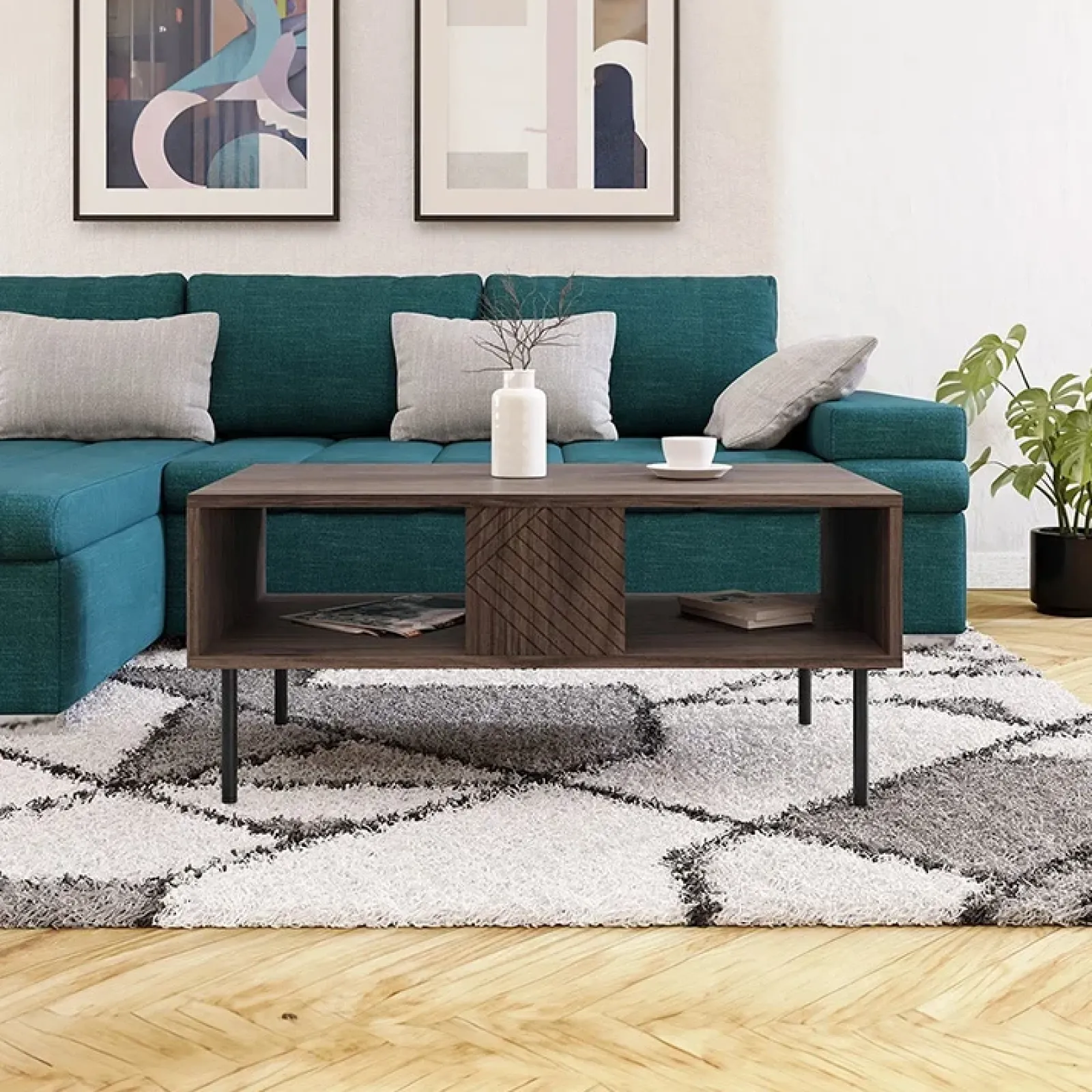 Garnero Arredamenti Tavolini Moderni|Tavolini Moderni-Tavolino da salotto 100x46cm noce scuro con frontali serigrafati Savanna