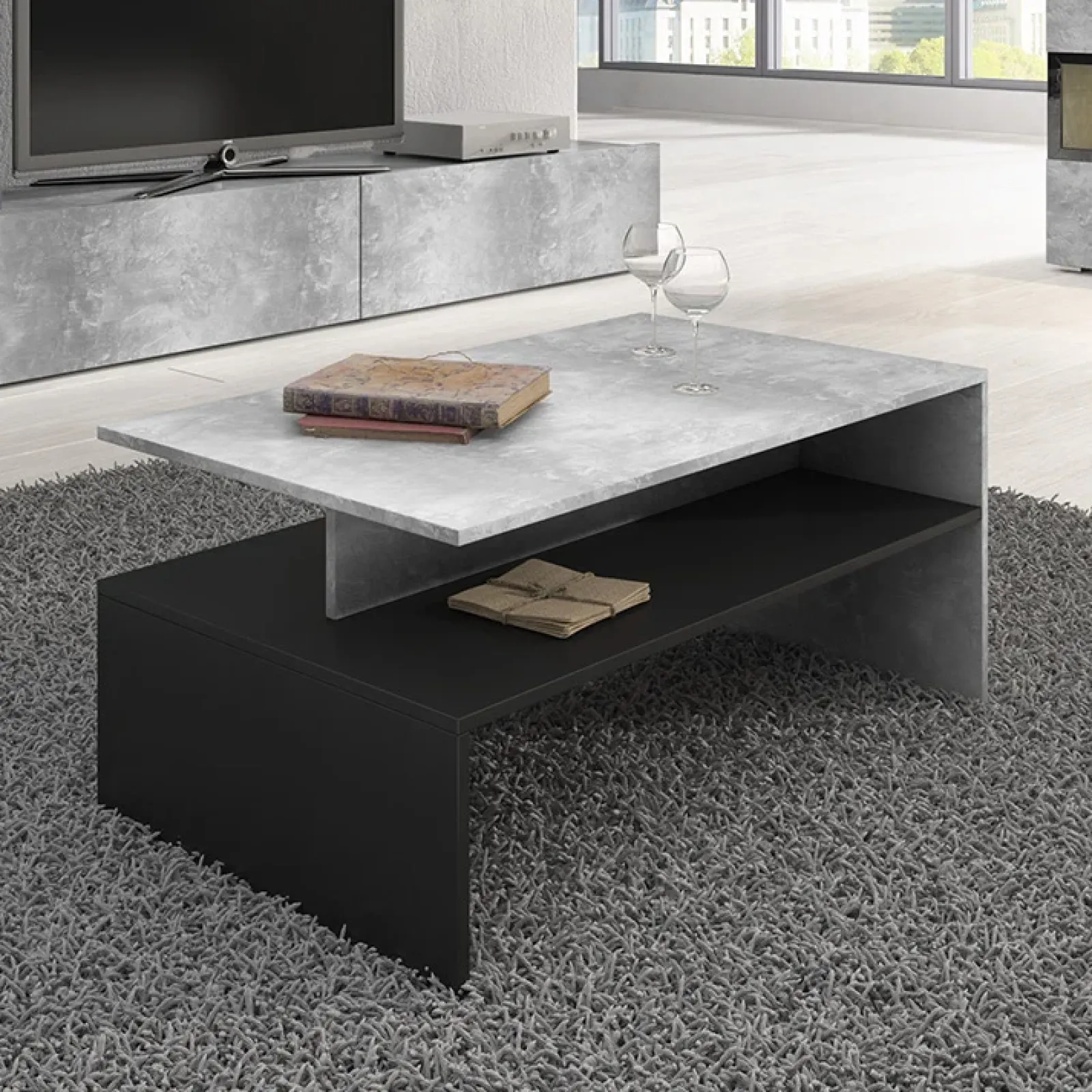 Garnero Arredamenti Tavolini Moderni|Tavolini Moderni-Tavolino 100x45cm da salotto design cemento e nero Emotion Gihome® Nero Opaco - Cemento