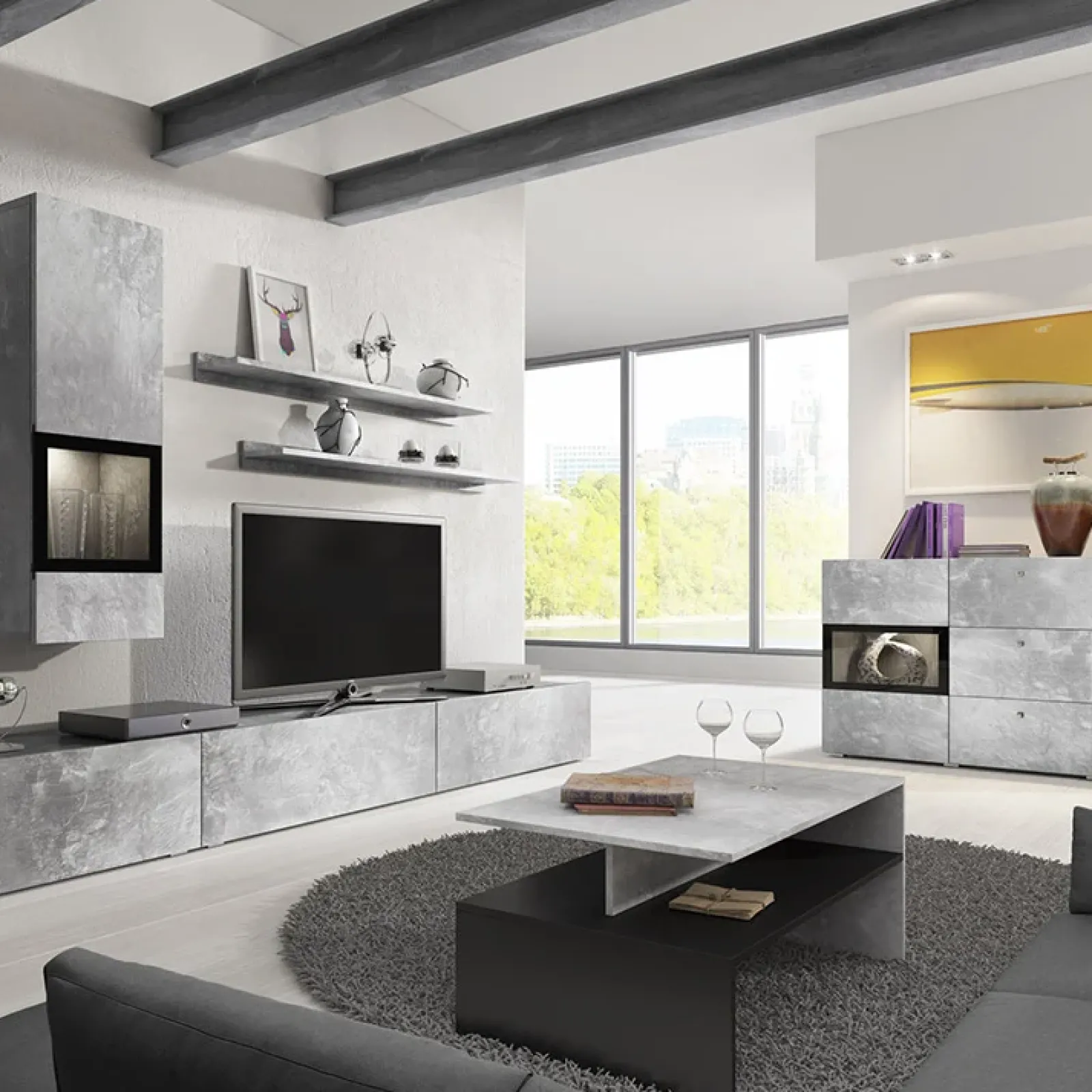 Garnero Arredamenti Tavolini Moderni|Tavolini Moderni-Tavolino 100x45cm da salotto design cemento e nero Emotion Gihome® Nero Opaco - Cemento