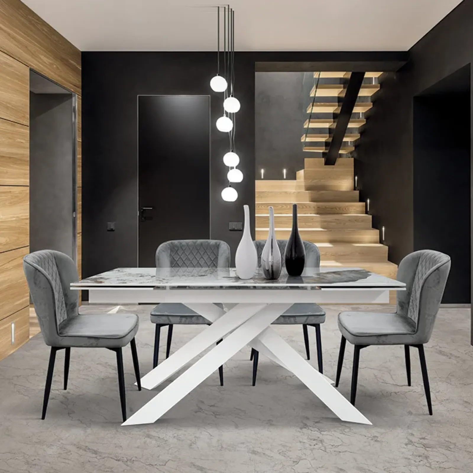 Garnero Arredamenti Tavoli Da Pranzo|Tavoli Allungabili-Tavolo 160/240 allungabile bianco effetto marmo metallo bianco Uragano