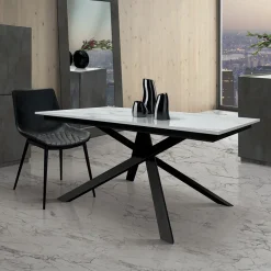 Garnero Arredamenti Tavoli Da Pranzo|Tavoli Allungabili-Tavolo 160/220 cm allungabile bianco effetto marmo metallo Velvet Marmo bianco - Nero opaco