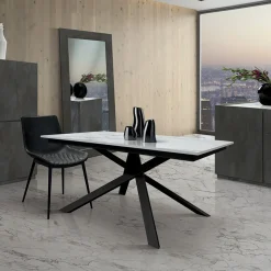 Garnero Arredamenti Tavoli Da Pranzo|Tavoli Allungabili-Tavolo 140/200 cm allungabile bianco effetto marmo metallo Velvet Marmo bianco - Nero opaco