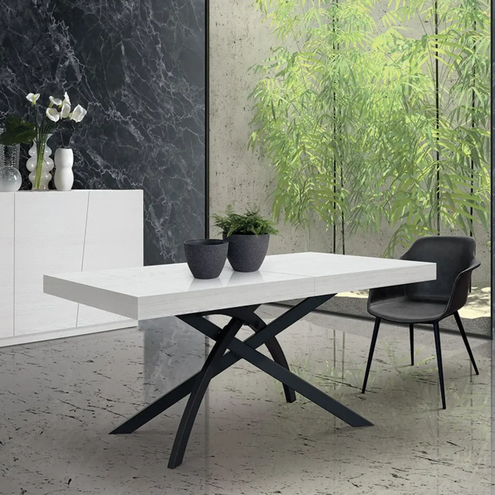 Garnero Arredamenti Tavoli Da Pranzo|Tavoli Allungabili-Tavolo 160/240 cm allungabile metallo Otab Bianco Frassinato