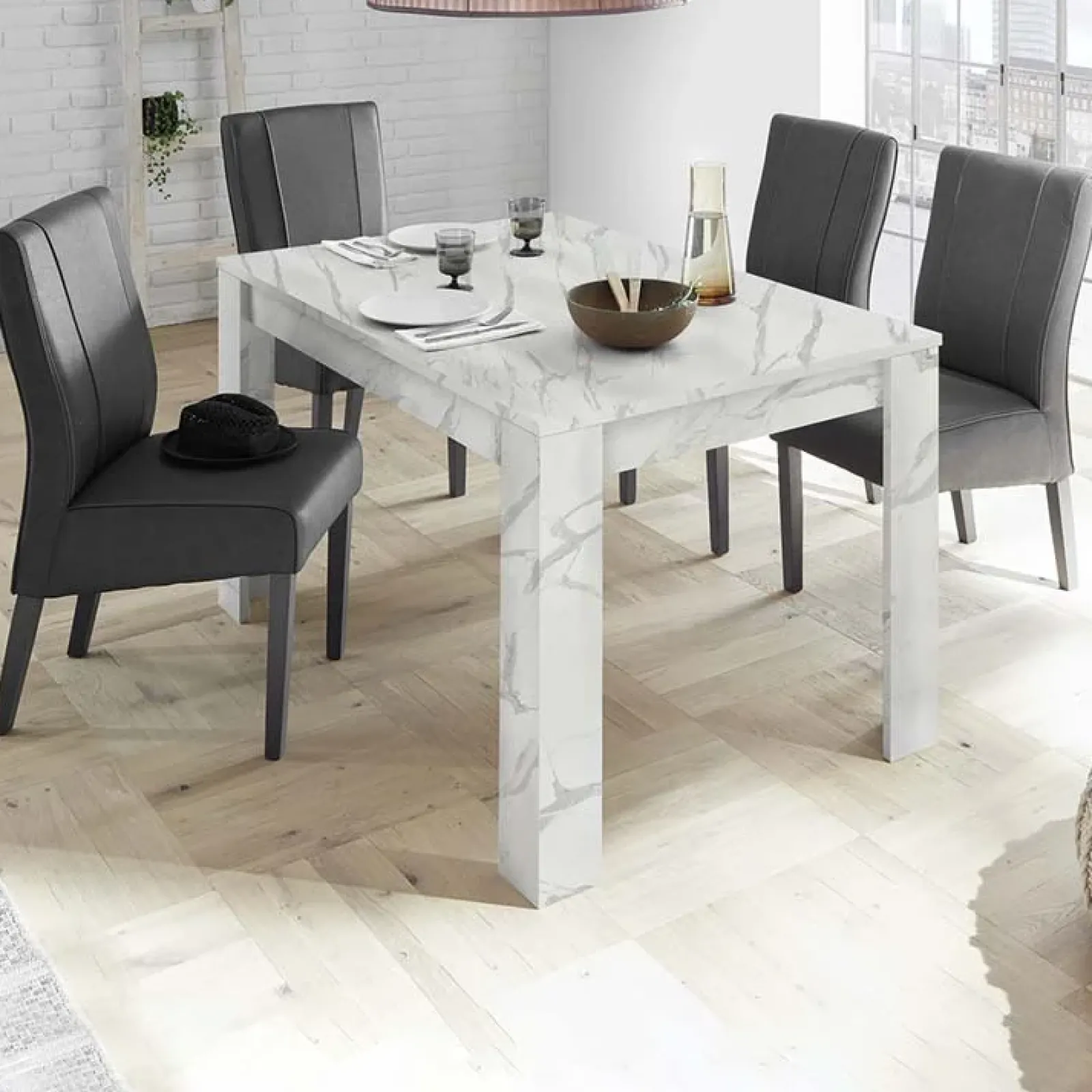 Garnero Arredamenti Tavoli Da Pranzo|Tavoli Allungabili-Tavolo allungabile 137/185cm moderno effetto Viking Marmo bianco
