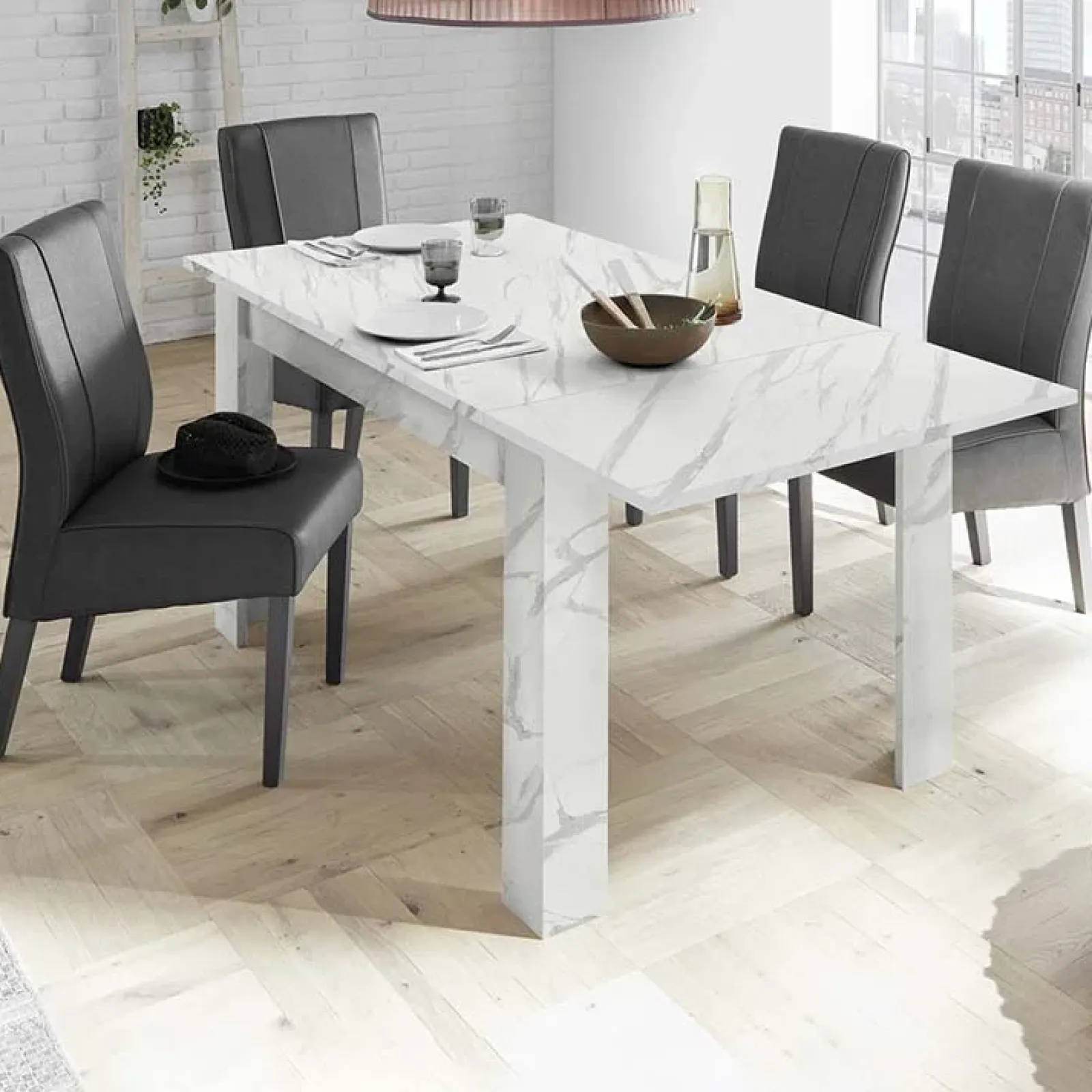 Garnero Arredamenti Tavoli Da Pranzo|Tavoli Allungabili-Tavolo allungabile 137/185cm moderno effetto Viking Marmo bianco