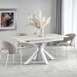 Garnero Arredamenti Tavoli Laccati|Tavoli Da Pranzo-Tavolo allungabile 160/200cm moderno effetto marmo bianco Lucinda