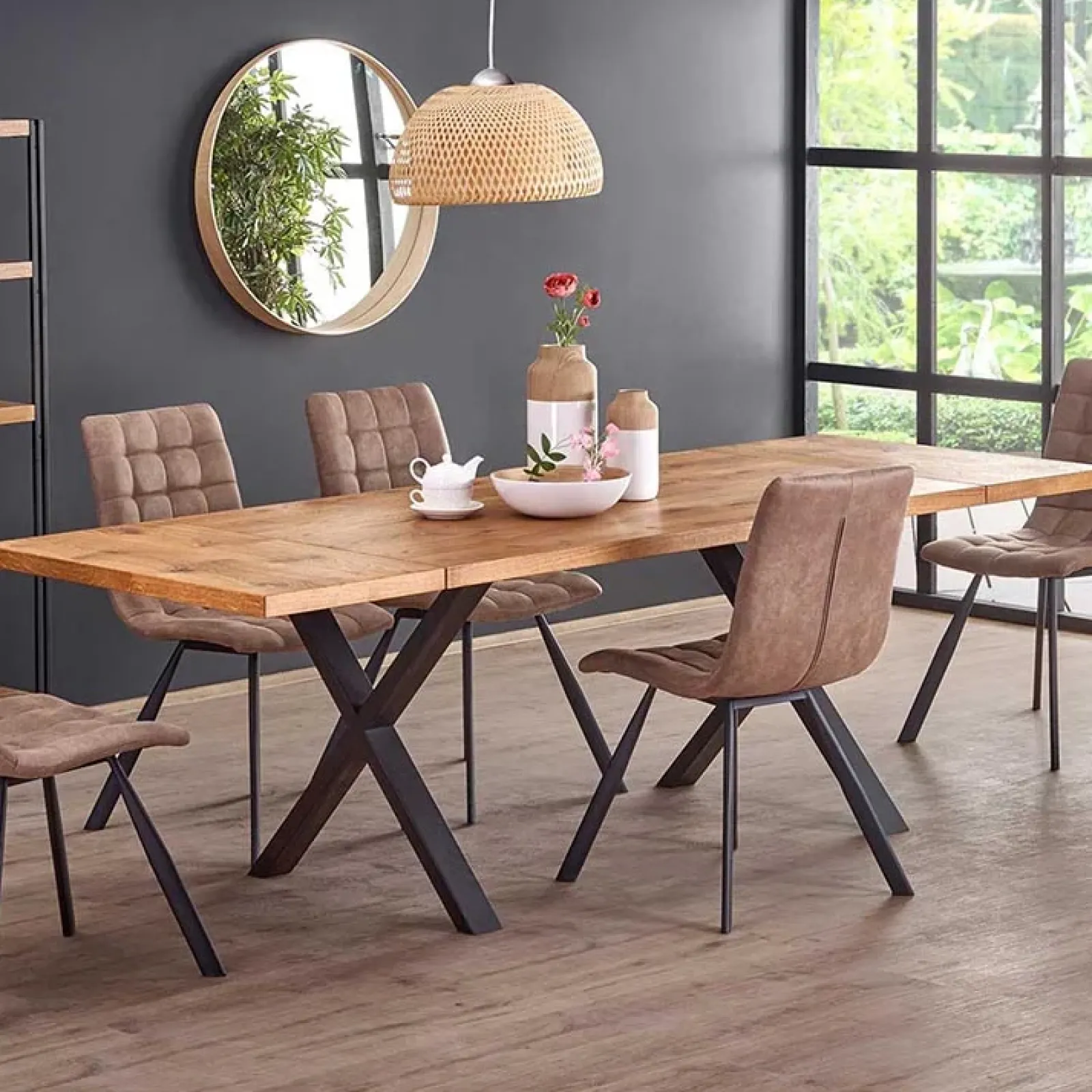 Garnero Arredamenti Tavoli In Legno|Tavoli Da Pranzo-Tavolo allungabile 160/250cm moderno rovere nodato acciaio nero Briga