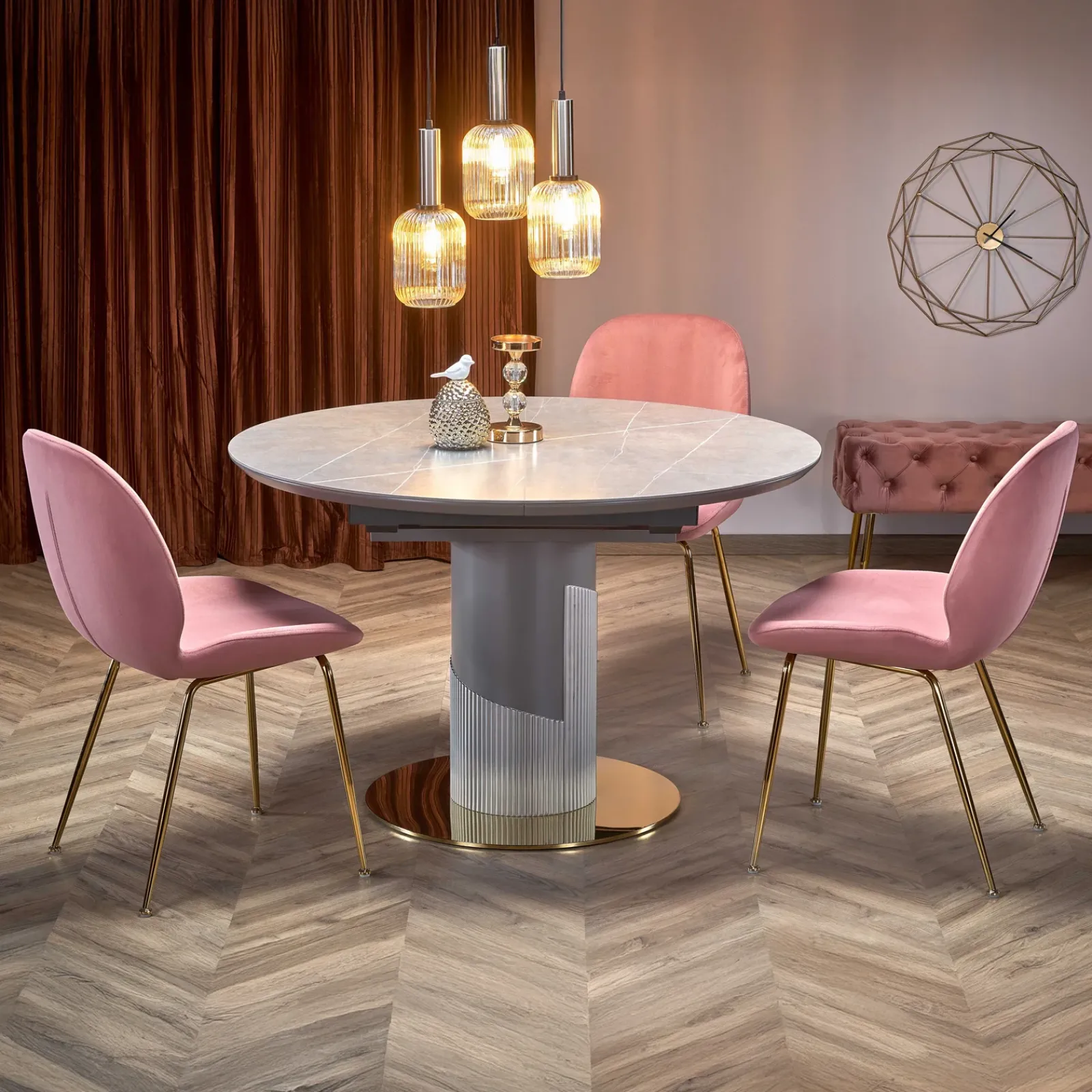 Garnero Arredamenti Tavoli Rotondi|Tavoli Da Pranzo-Tavolo allungabile 120/160cm rotondo marmo grigio oro Ticino