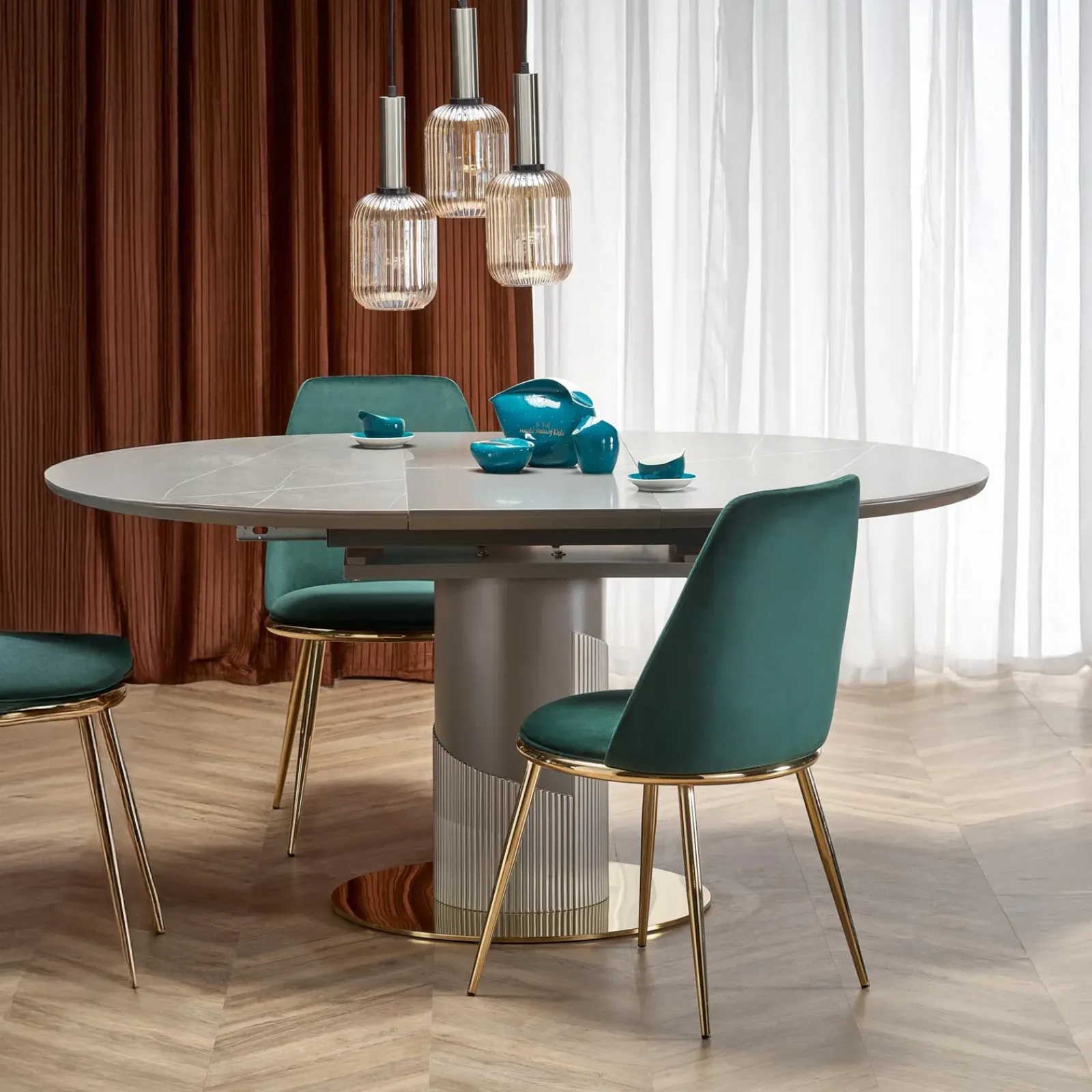 Garnero Arredamenti Tavoli Rotondi|Tavoli Da Pranzo-Tavolo allungabile 120/160cm rotondo marmo grigio oro Ticino