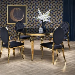 Garnero Arredamenti Tavoli In Vetro|Tavoli Da Pranzo-Tavolo da pranzo rotondo 120cm vetro nero cromato oro Selim Nero - Oro