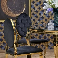 Garnero Arredamenti Tavoli In Vetro|Tavoli Da Pranzo-Tavolo da pranzo rotondo 120cm vetro nero cromato oro Selim Nero - Oro