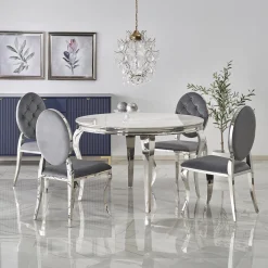 Garnero Arredamenti Tavoli In Vetro|Tavoli Da Pranzo-Tavolo da pranzo rotondo 120cm effetto marmo bianco cromato argento Selim Marmo bianco - Argento