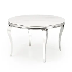 Garnero Arredamenti Tavoli In Vetro|Tavoli Da Pranzo-Tavolo da pranzo rotondo 120cm effetto marmo bianco cromato argento Selim Marmo bianco - Argento
